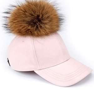 FURTALK Large Real Fur Pom Pom Baseball Cap - Pink