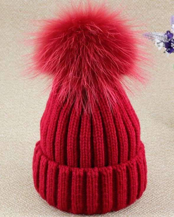 Red Plush Fox Fur Ball Pom Pom Hat