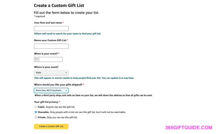 Create Amazon Custom Gift List Step 2